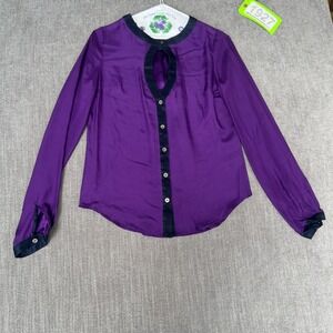 Timo Weiland Shirt Top Women 2 Purple Silk Keyhole Neck Long Sleeve Button Front